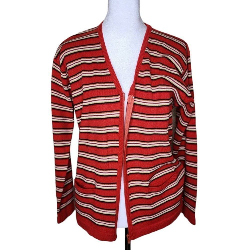 Vintage 90s Cardigan Sweater Full Zip Front Womens Size S Orange Stripe Grunge